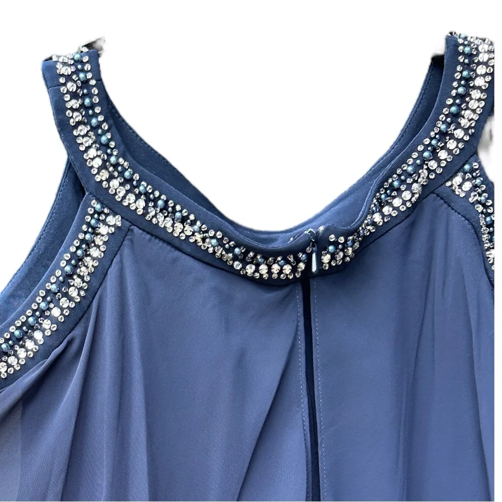 NEW ALEX EVENINGS Gown Dress 18 Navy Embellished Chiffon Cold Shoulder Layered - Picture 3 of 4